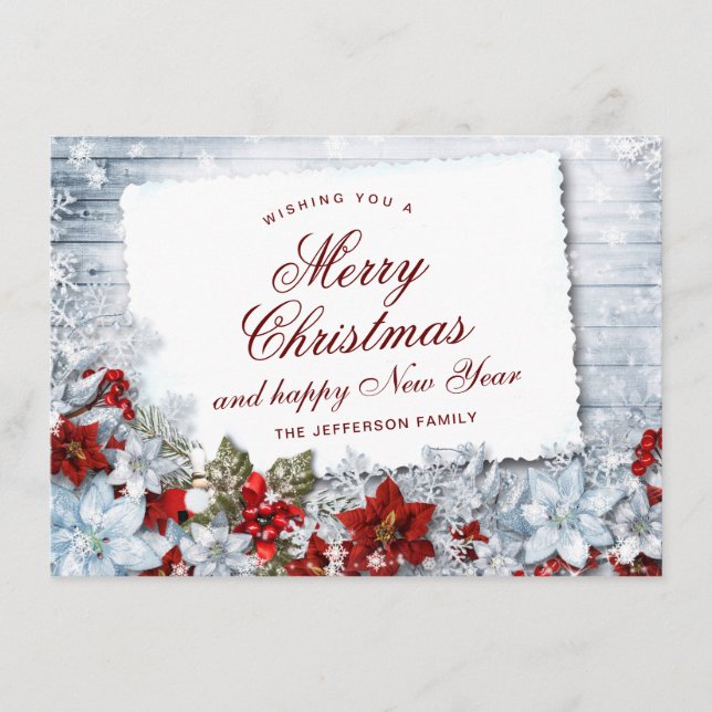 Red Poinsettia Holly Rustic Christmas Greeting Holiday Card (Front)