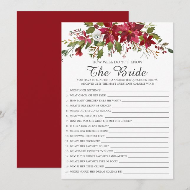 Red Poinsettia How Well Do You Know The Bride Game Invitation (Front/Back)