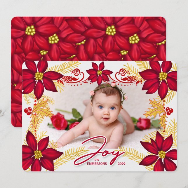 Red Poinsettia Joy and Gold Pine with Photo Holiday Card (Front/Back)