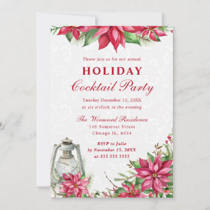 Red Poinsettia & Lantern Winter Holiday Cocktail Invitation
