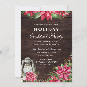 Red Poinsettia & Lantern Winter Holiday Cocktail Invitation