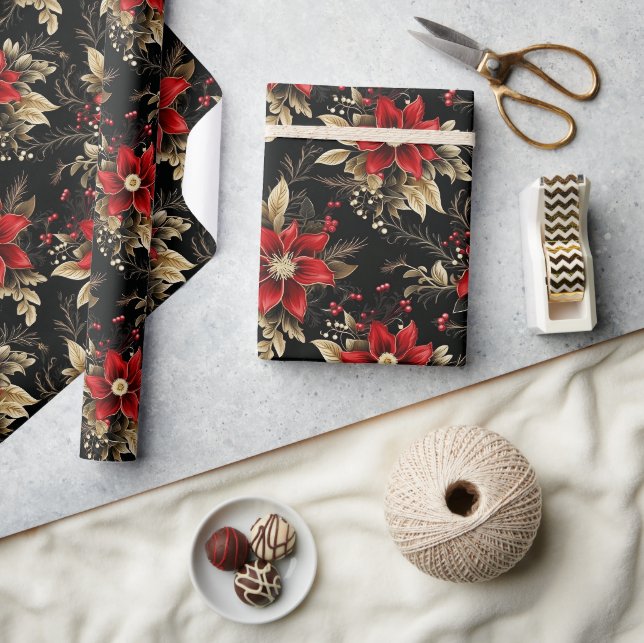Red Poinsettia Luxury Christmas Pattern Gift Wrapping Paper (Crafts)