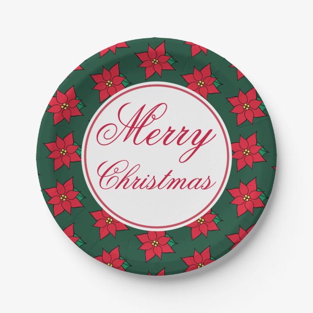Red Poinsettia Merry Christmas Party Paper Plates (Front)