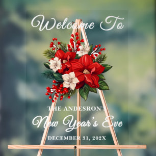 Red Poinsettia New Year’s Eve Party Welcome Acrylic Sign