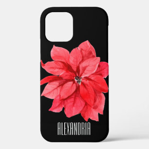 Red Poinsettia on Black Personalized Name iPhone 12 Case