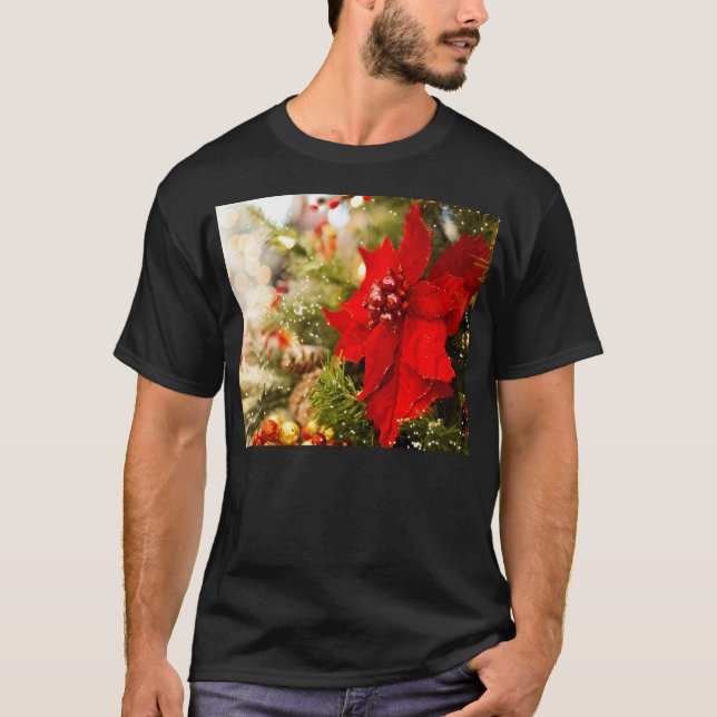 Red Poinsettia On The Christmas Tree T-Shirt (Front)