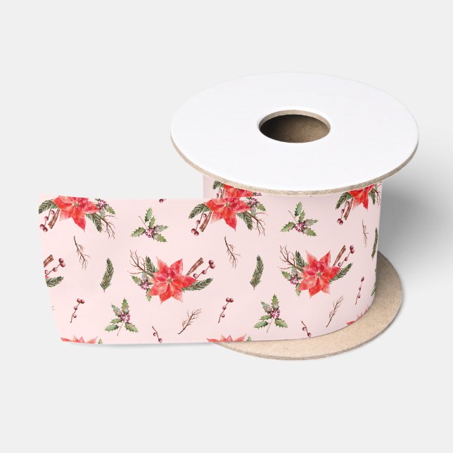Red Poinsettia Pattern Christmas Satin Ribbon (Spool)