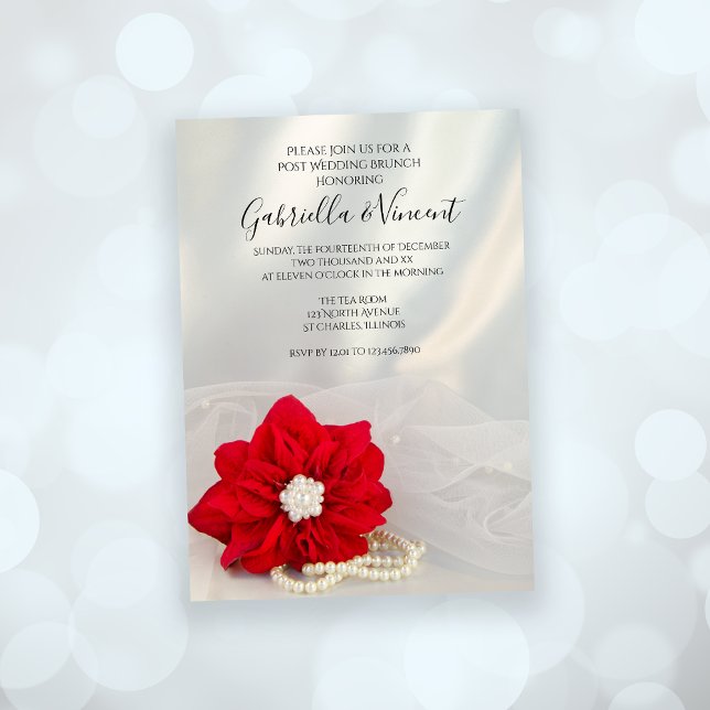 Red Poinsettia Pearls Winter Post Wedding Brunch Invitation (Set an elegant tone for your December event with the Poinsettia and Pearls Wedding Brunch Invitation)