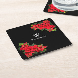 Red Poinsettia Personalized Square Paper Coaster