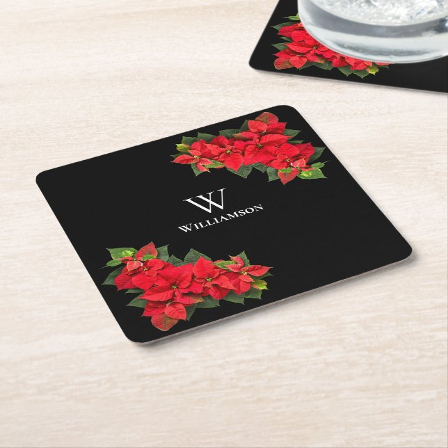 Red Poinsettia Personalized  Square Paper Coaster (Angled)