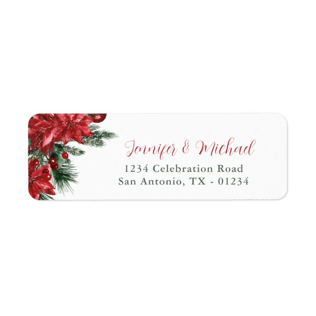 Red Poinsettia Pine Green Mariage Adresse de retou (Devant)