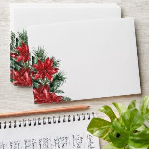 Red Poinsettia Pine Green Wedding Return Address  Envelope