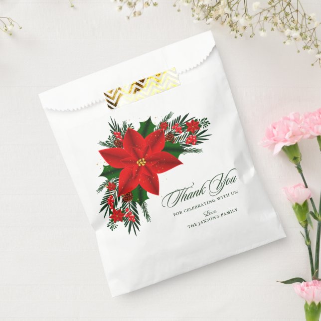 Red Poinsettia Pine Greenery Christmas Favour Bag (Sealed)