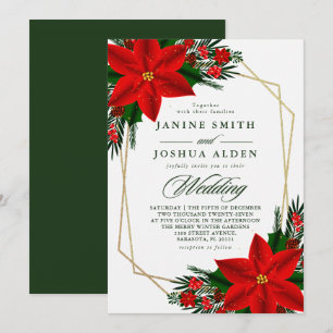 Red Poinsettia Pine Greenery Christmas Wedding Invitation