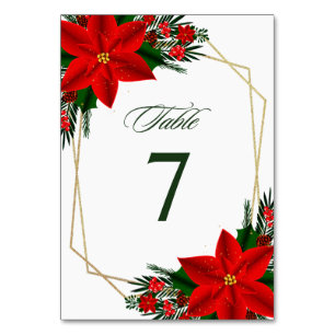 Red Poinsettia Pine Greenery Christmas Wedding Table Number