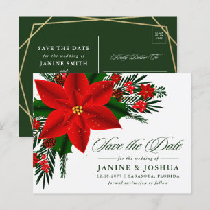 Red Poinsettia Pine Greenery Wedding Save The Date Postcard