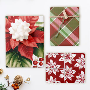 Red Poinsettia Plaid Christmas Winter Holiday Wrapping Paper Sheet
