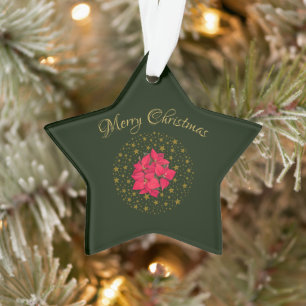 Red Poinsettia Plant on glitter starry green sky Ornament