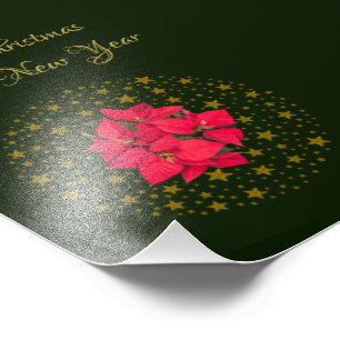 Red Poinsettia Plant on glitter starry green sky Photo Print