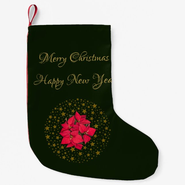 Red Poinsettia Plant on glitter starry green sky Small Christmas Stocking (Front)