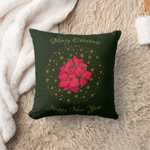 Red Poinsettia Plant on glitter starry green sky Throw Pillow