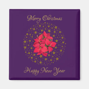 Red Poinsettia Plant on glitter starry purple sky Magnet