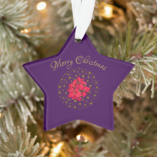 Red Poinsettia Plant on glitter starry purple sky Ornament