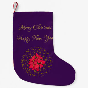 Red Poinsettia Plant on glitter starry purple sky Small Christmas Stocking