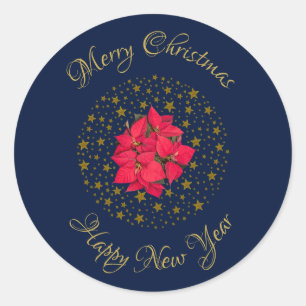 Red Poinsettia Plant on glittering starry blue sky Classic Round Sticker