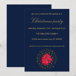 Red Poinsettia Plant on glittering starry blue sky Invitation