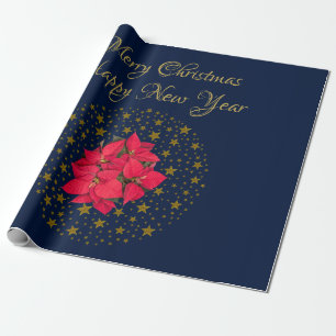 Red Poinsettia Plant on glittering starry blue sky Wrapping Paper
