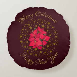 Red Poinsettia Plant on glittering starry red sky Round Pillow