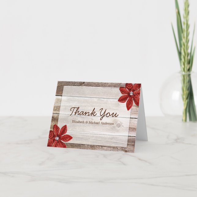 Red Poinsettia Rustic Barn Wood Thank You (Front)