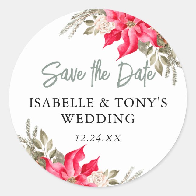 Red Poinsettia Save the Date Custom Envelope Seal (Front)