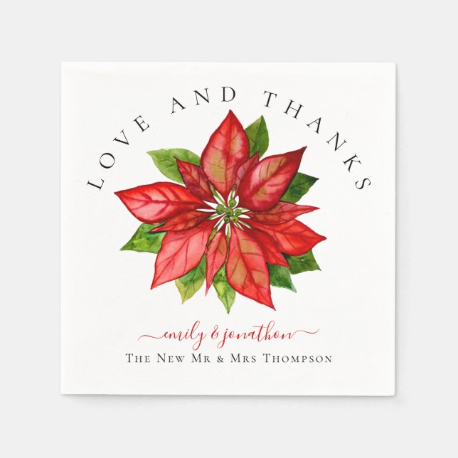 Red Poinsettia Thank You Names Christmas Wedding Napkin (Front)