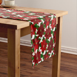 Red Poinsettia White Christmas Short Table Runner