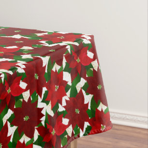 Red Poinsettia White Christmas Tablecloth