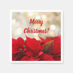 Red Poinsettia White Gold Bokeh Christmas Party Napkin