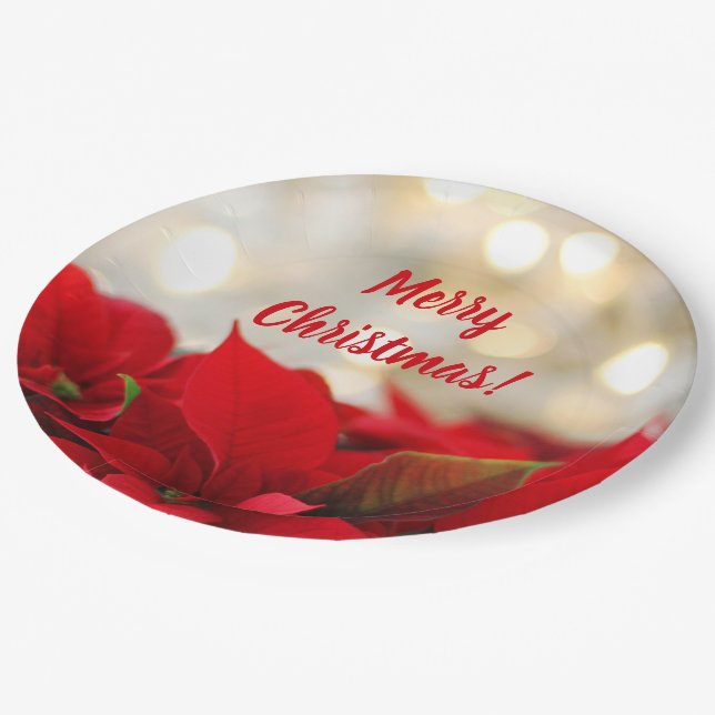 Red Poinsettia White Gold Bokeh Merry Christmas Paper Plate (Angled)