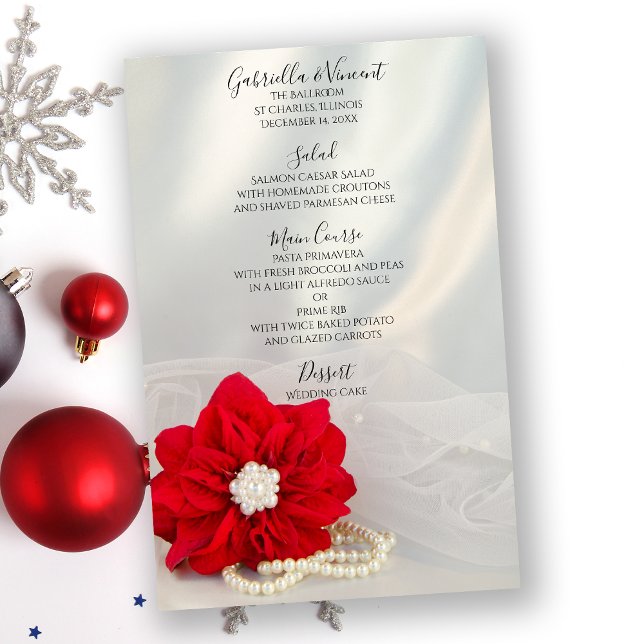 Red Poinsettia White Pearls Winter Wedding Menu (Creator Uploaded)