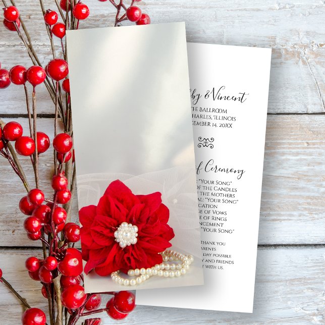 Red Poinsettia White Pearls Winter Wedding Program (Creator Uploaded)