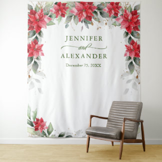 Red Poinsettia Winter Wedding Photo Booth Backdrop Tapestry