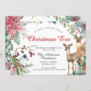 Red Poinsettia Wreath Deer & Bird Christmas Eve Invitation