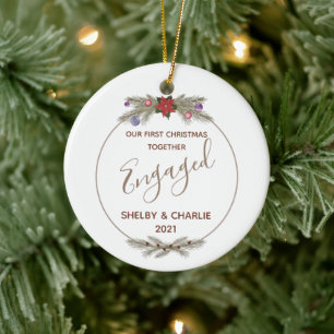 Red Poinsettia Wreath First Christmas Engaged Ceramic Ornament