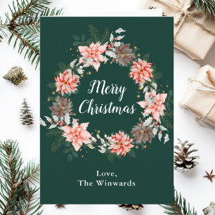 Red Poinsettia Wreath Merry Christmas Holiday Card