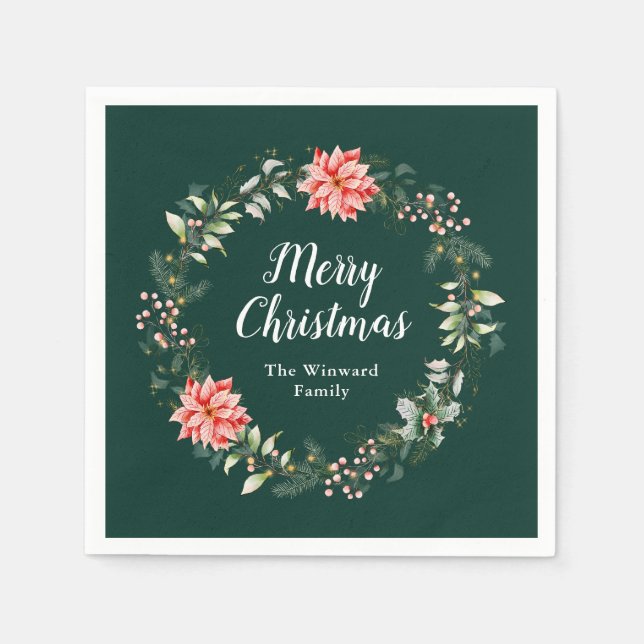 Red Poinsettia Wreath Merry Christmas Napkin (Front)