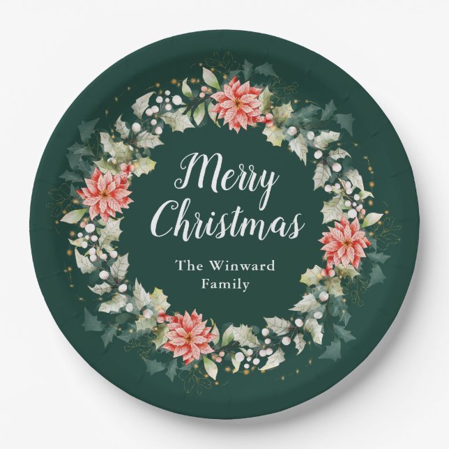 Red Poinsettia Wreath Merry Christmas Paper Plate (Front)
