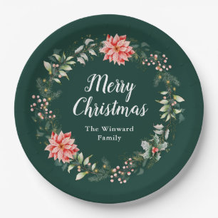 Red Poinsettia Wreath Merry Christmas Paper Plate