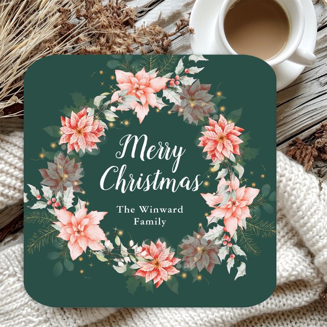 Red Poinsettia Wreath Merry Christmas Square Paper Coaster (Creator Uploaded)