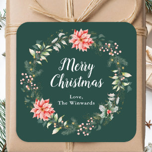 Red Poinsettia Wreath Merry Christmas Square Sticker